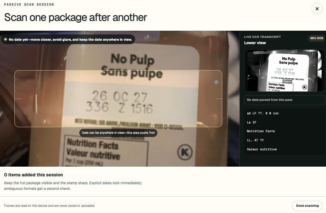 Fresh First passive-scanning diagnostic screen showing a juice carton, scan area, OCR confidence, and live transcript.