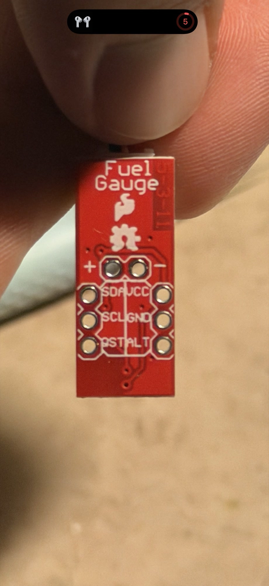 The MAX17043 fuel-gauge board used to measure the prototype battery.