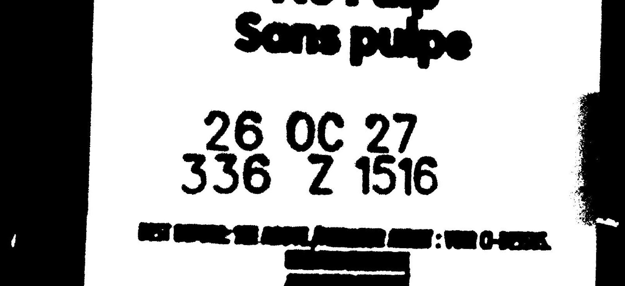 Thresholded OCR diagnostic frame showing the difficulty of isolating the printed date.