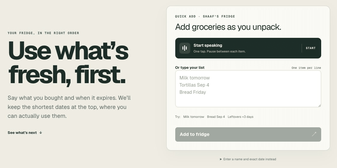 Fresh First website entry screen with voice input and a text field for adding groceries and expiry dates.