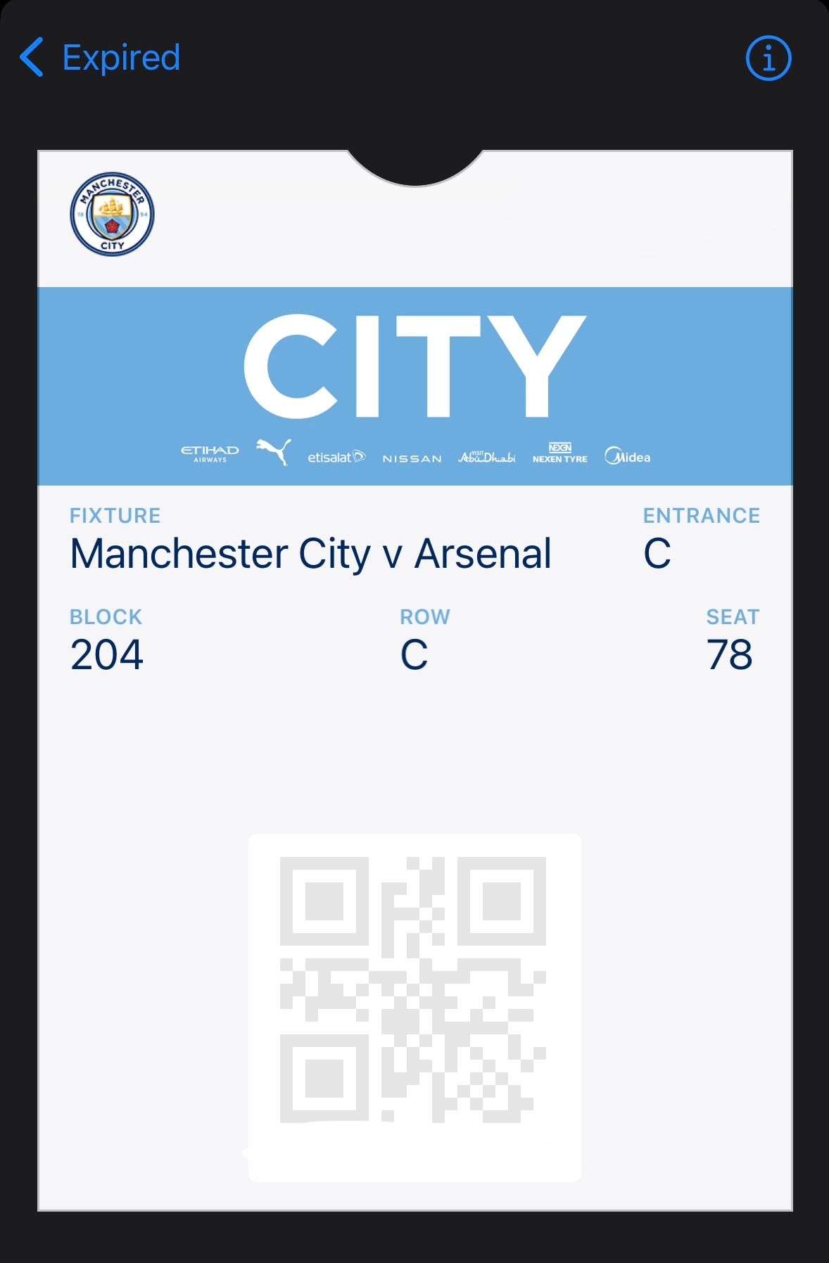 Shaaf's ticket for Manchester City versus Arsenal on his birthday.