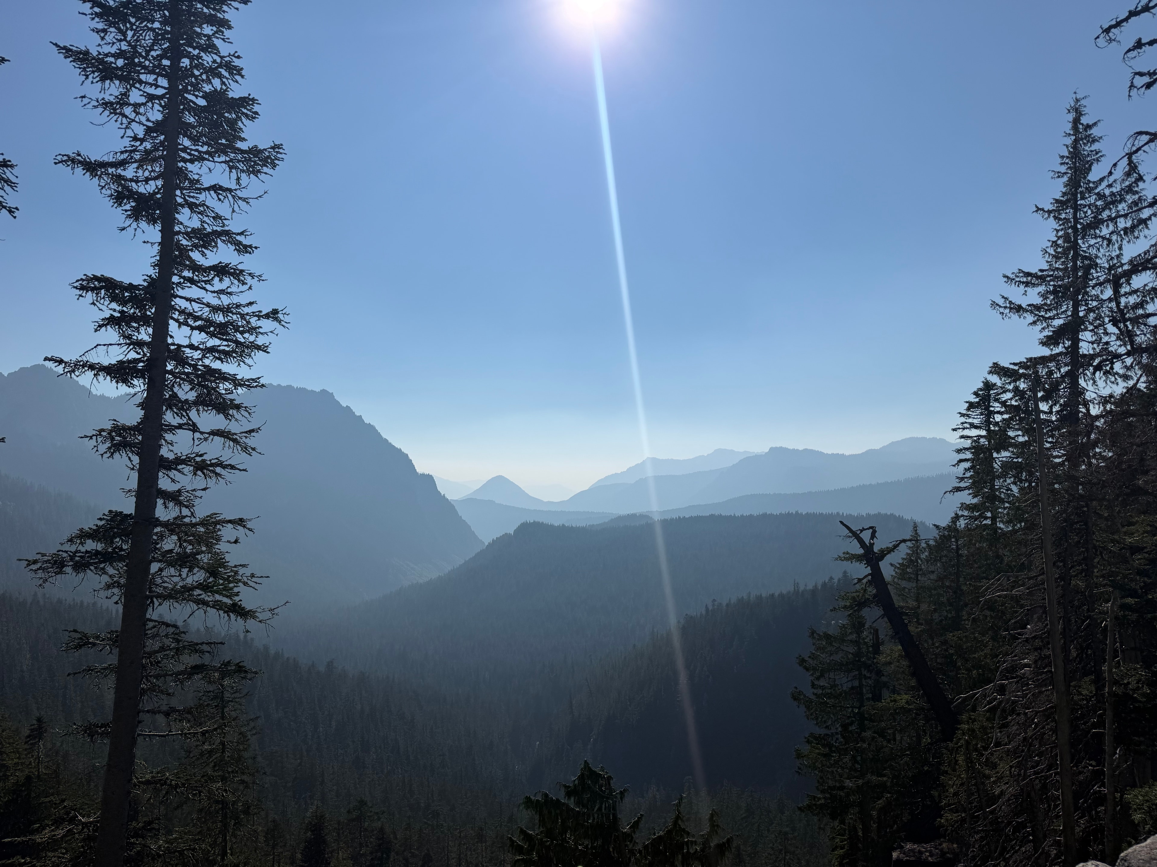A sunlit mountain valley seen while exploring Mount Rainier.