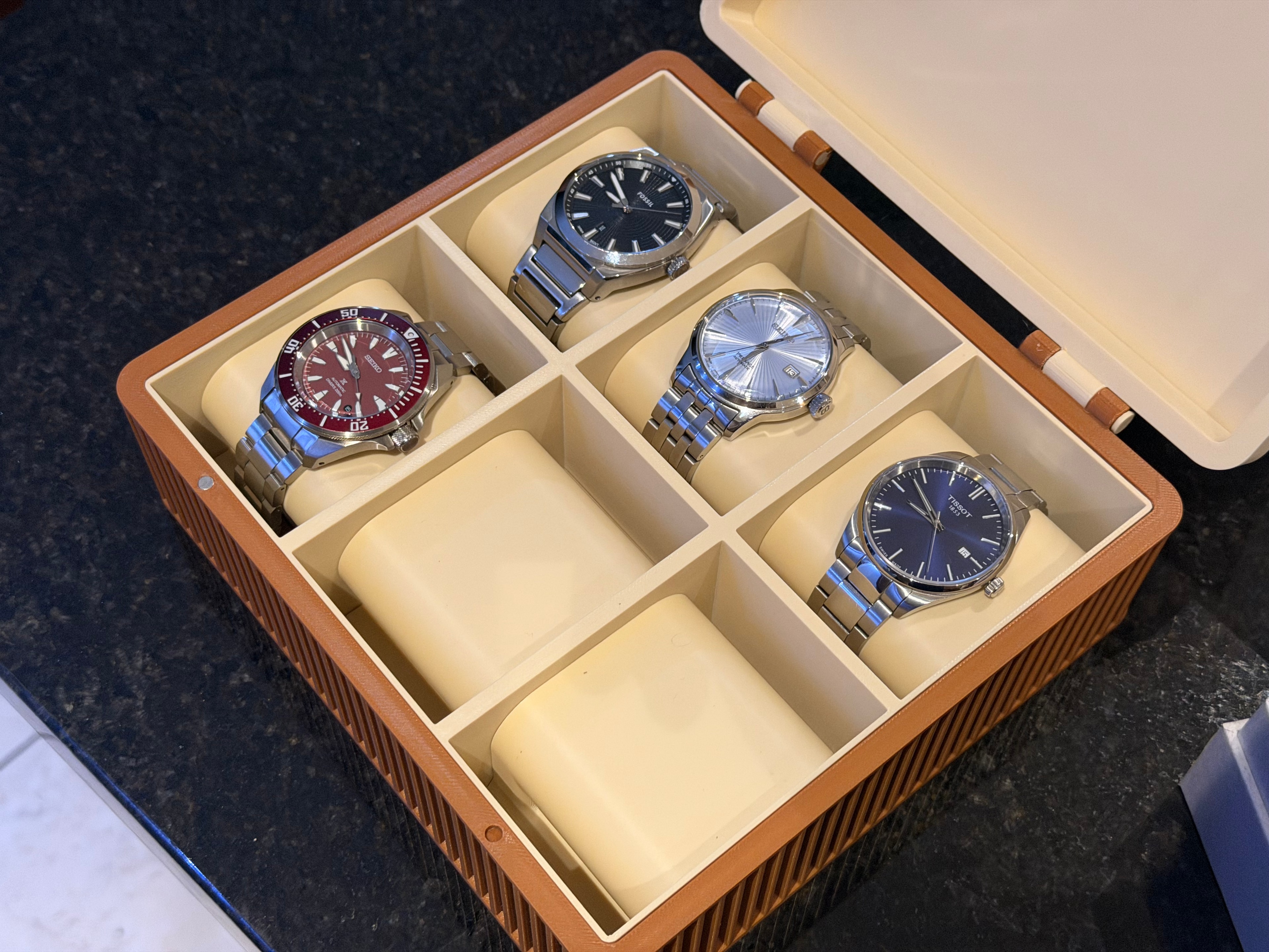 Shaaf's growing watch collection in a six-slot watch box.